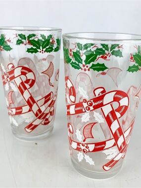 Set 2 Vintage Hazel Atlas Christmas Candy Cane Holly Glasses Tumbler Mid Century